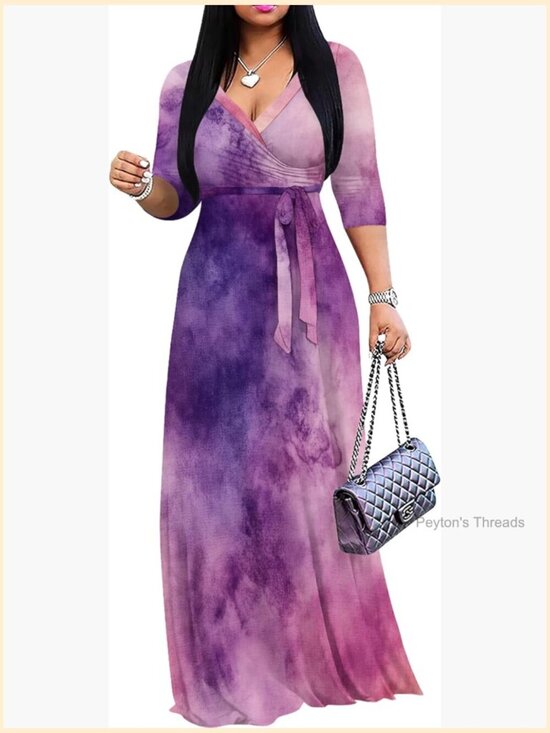Dresses & Skirts - Plus Size Maxi Dress with Pockets 3/4 Sleeves Polyester Spandex